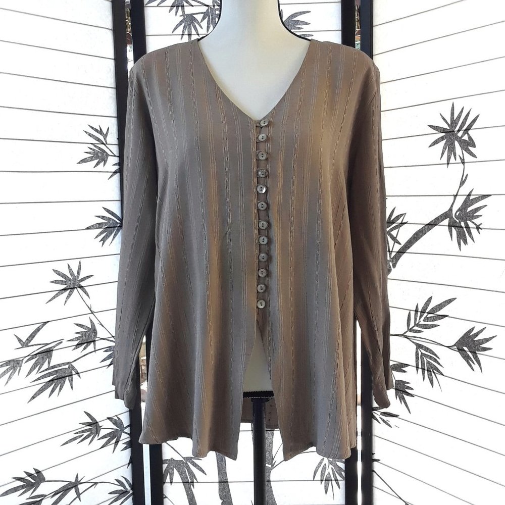 Vintage 1980s Oversized Tan Gray V Neck Boho Blouse
